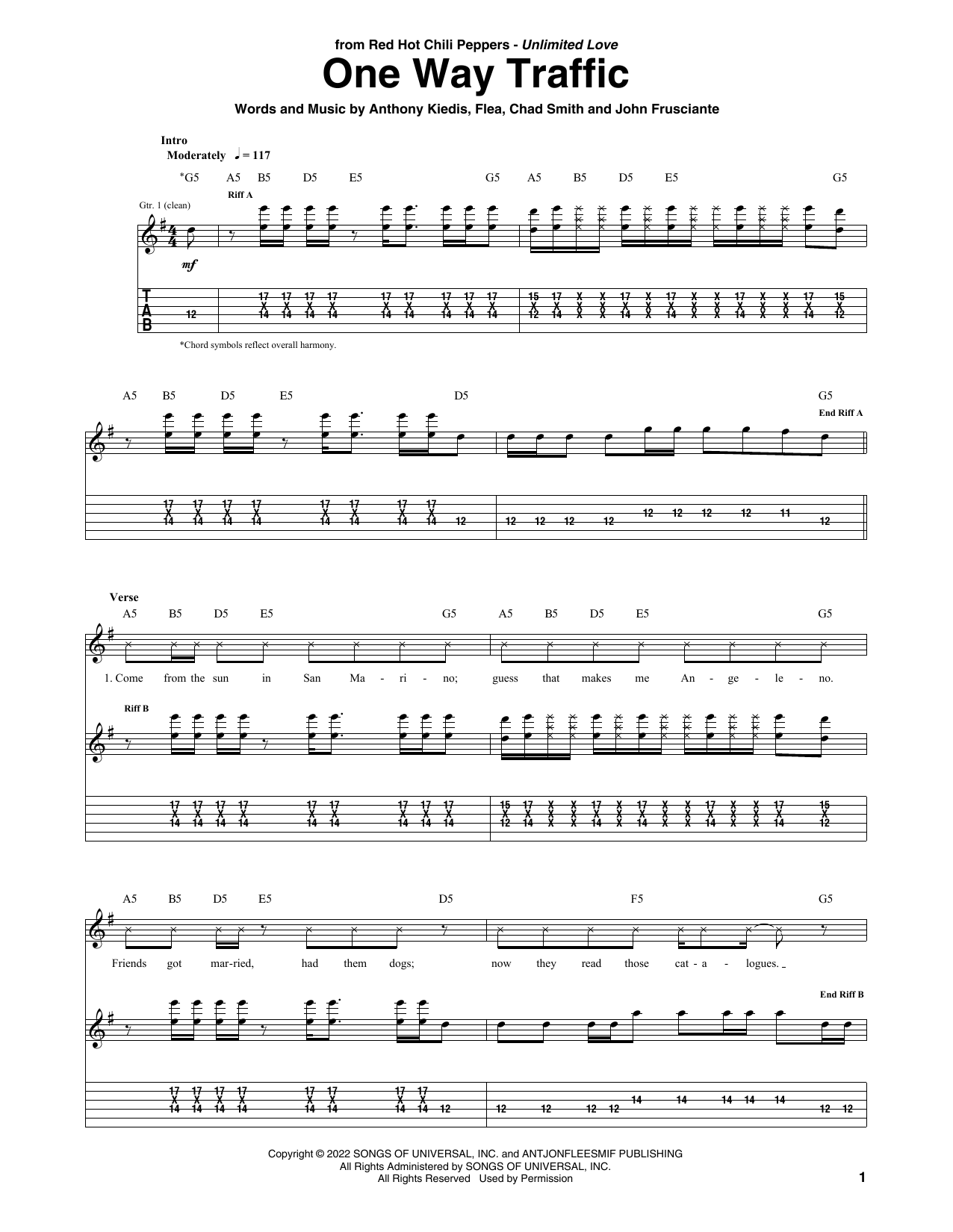 Red Hot Chili Peppers One Way Traffic sheet music notes and chords arranged for Bass Guitar Tab