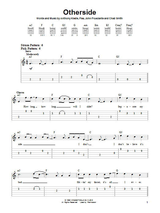 Red Hot Chili Peppers Otherside sheet music notes and chords arranged for Easy Guitar Tab