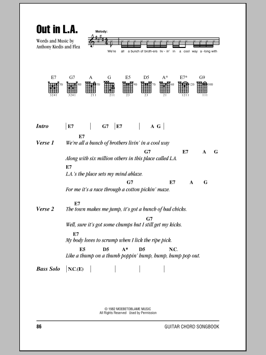 Red Hot Chili Peppers Out In L.A. sheet music notes and chords arranged for Guitar Chords/Lyrics