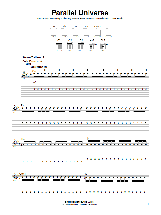 Red Hot Chili Peppers Parallel Universe sheet music notes and chords arranged for Guitar Tab