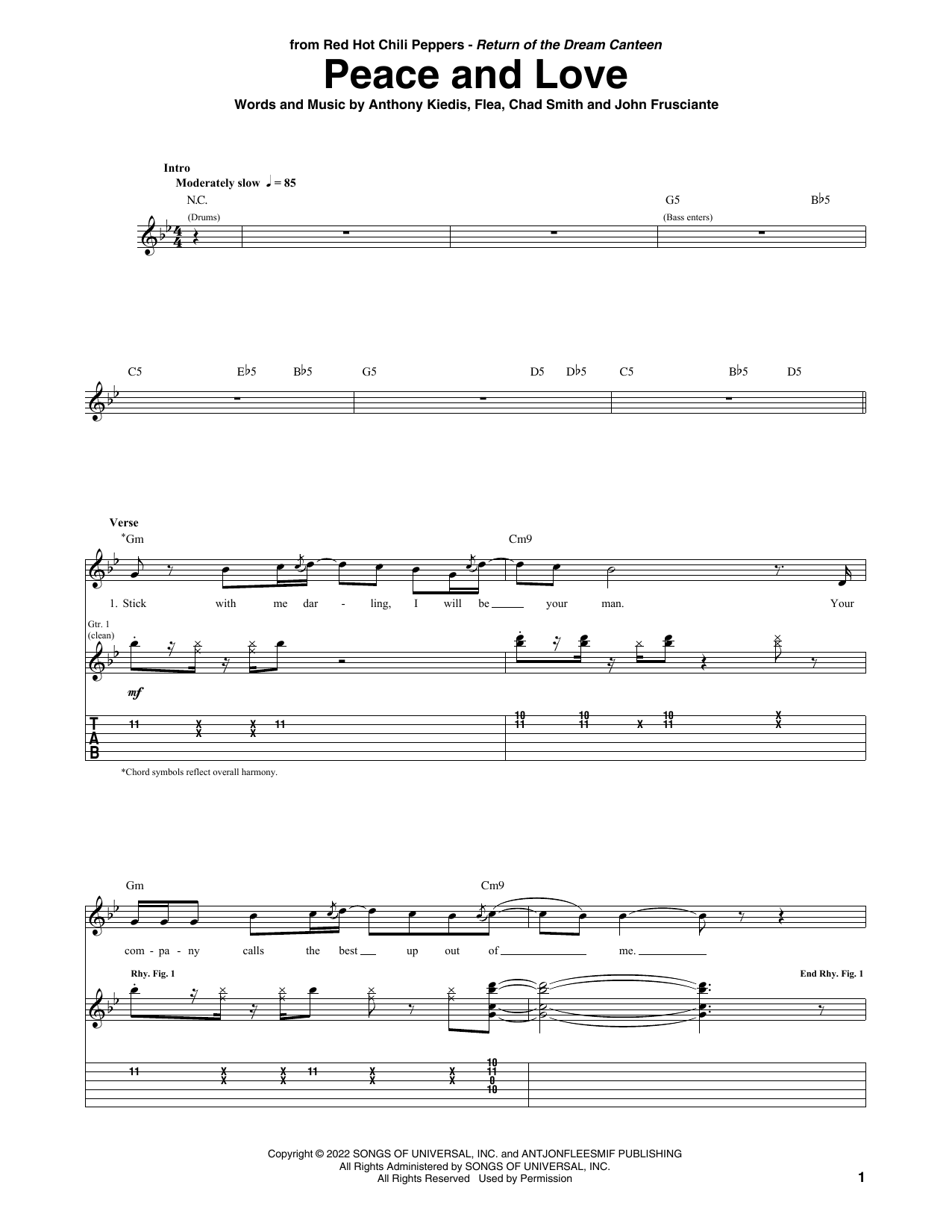 Red Hot Chili Peppers Peace And Love sheet music notes and chords arranged for Guitar Tab
