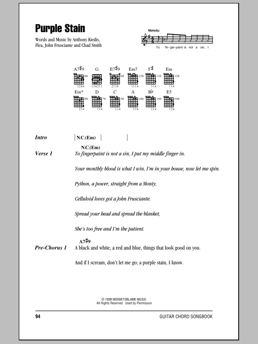 Red Hot Chili Peppers Purple Stain sheet music notes and chords arranged for Bass Guitar Tab