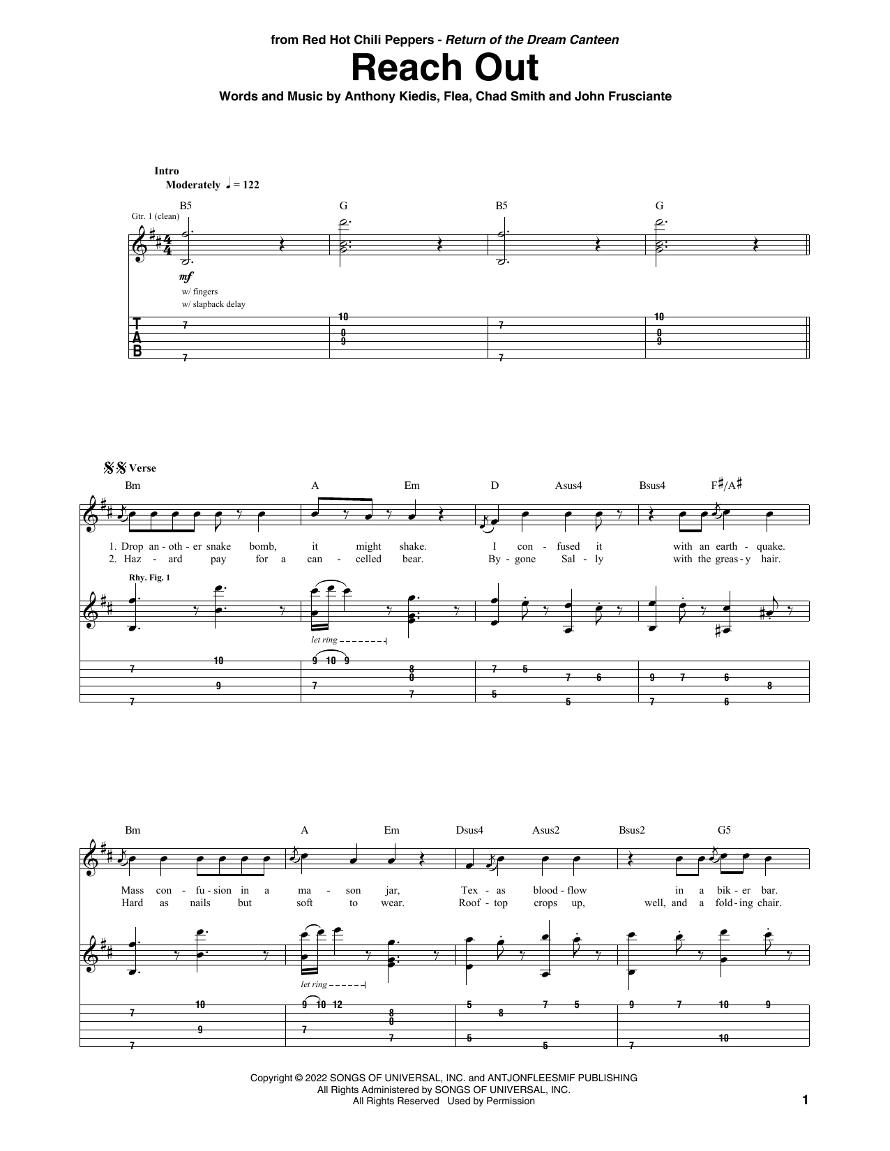 Red Hot Chili Peppers Reach Out sheet music notes and chords arranged for Guitar Tab