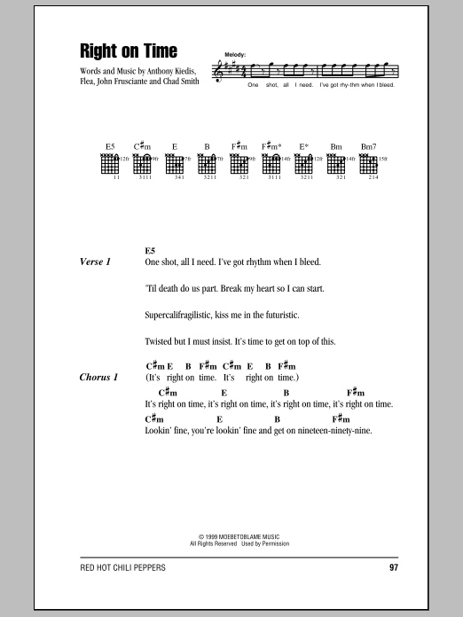 Red Hot Chili Peppers Right On Time sheet music notes and chords arranged for Guitar Tab