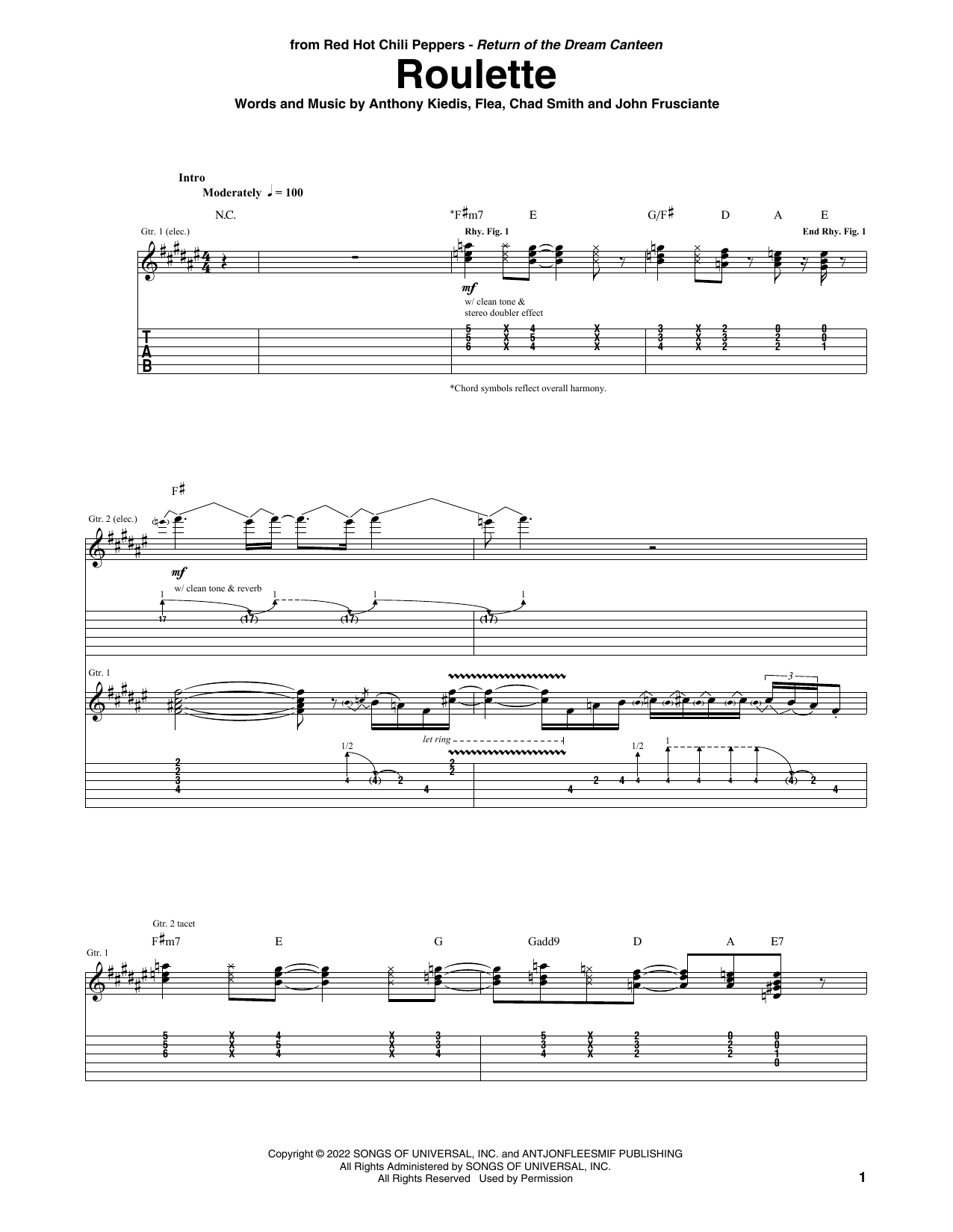 Red Hot Chili Peppers Roulette sheet music notes and chords arranged for Guitar Tab