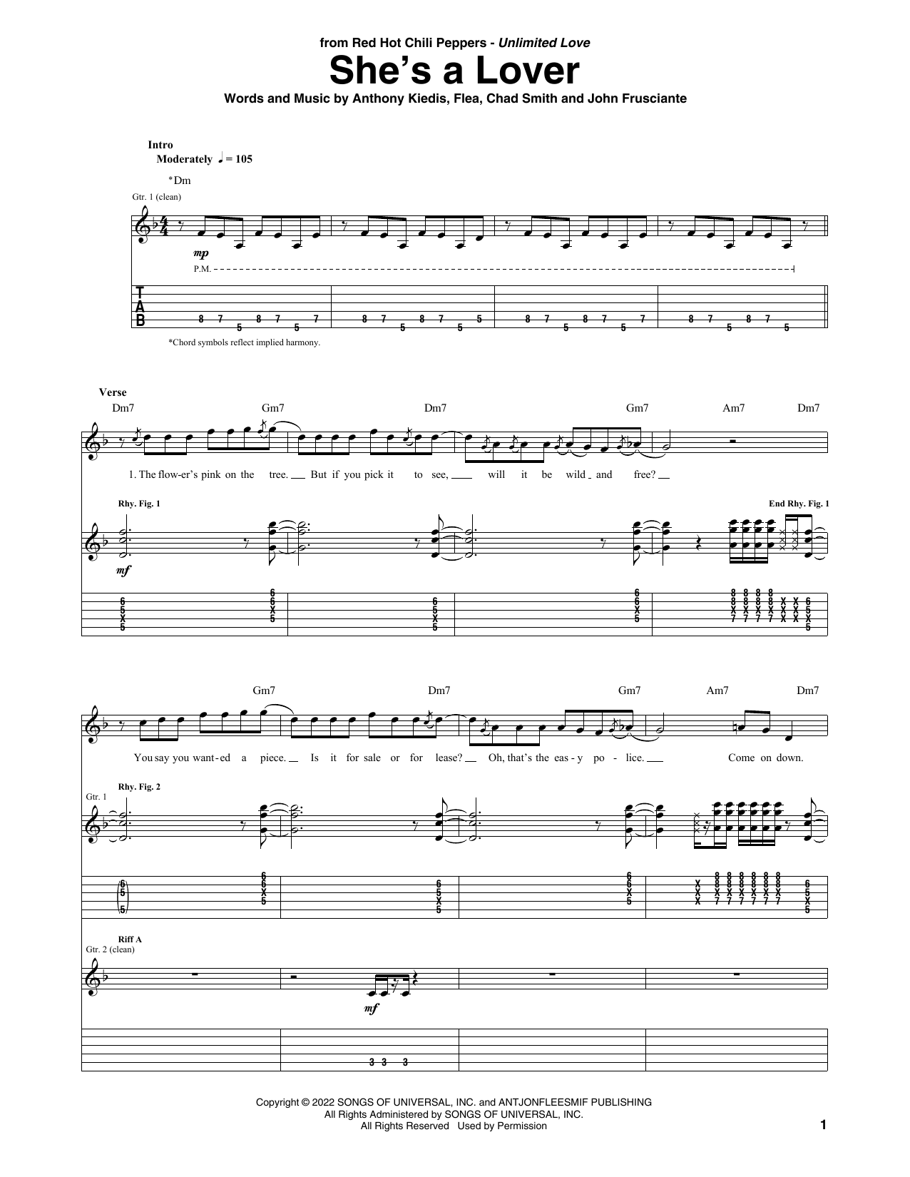 Red Hot Chili Peppers She's A Lover sheet music notes and chords arranged for Guitar Tab