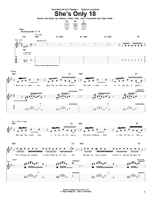 Red Hot Chili Peppers She's Only 18 sheet music notes and chords arranged for Bass Guitar Tab