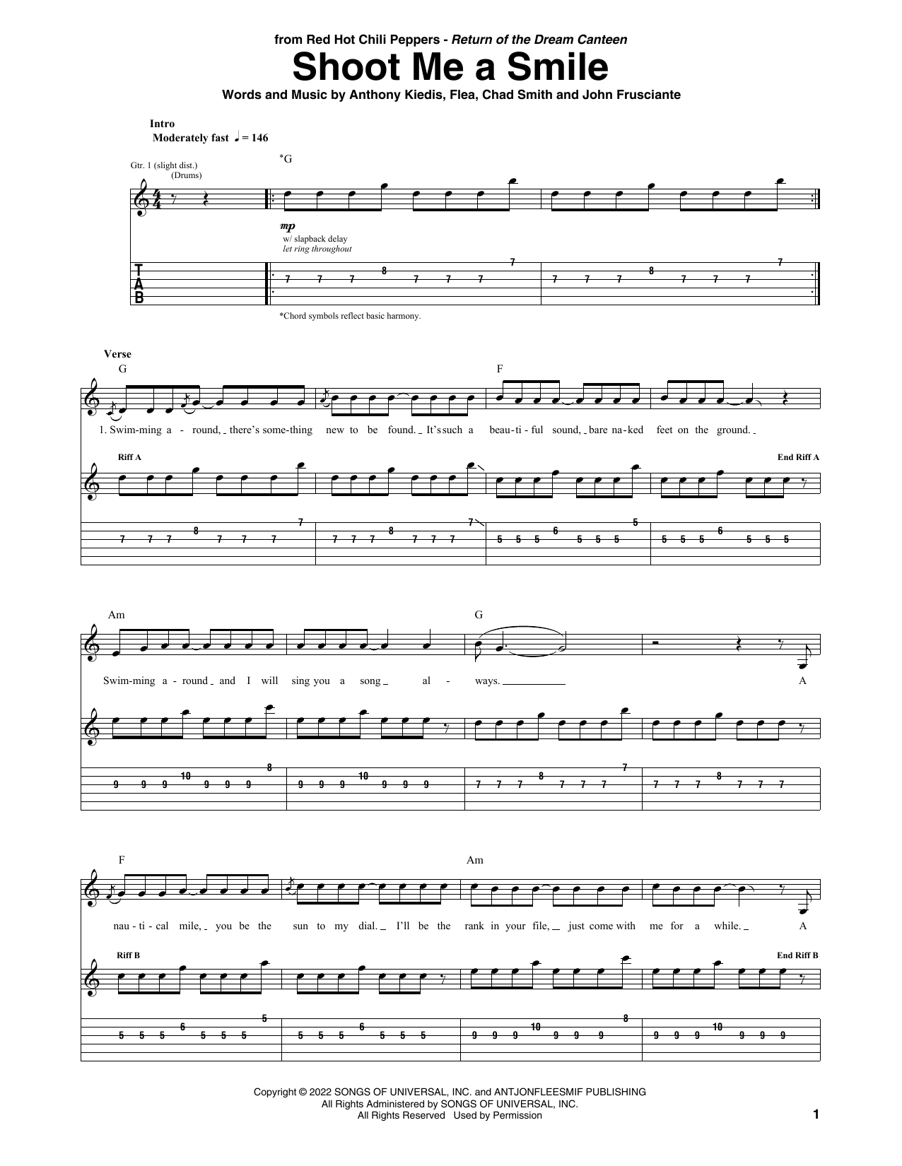 Red Hot Chili Peppers Shoot Me A Smile sheet music notes and chords arranged for Guitar Tab