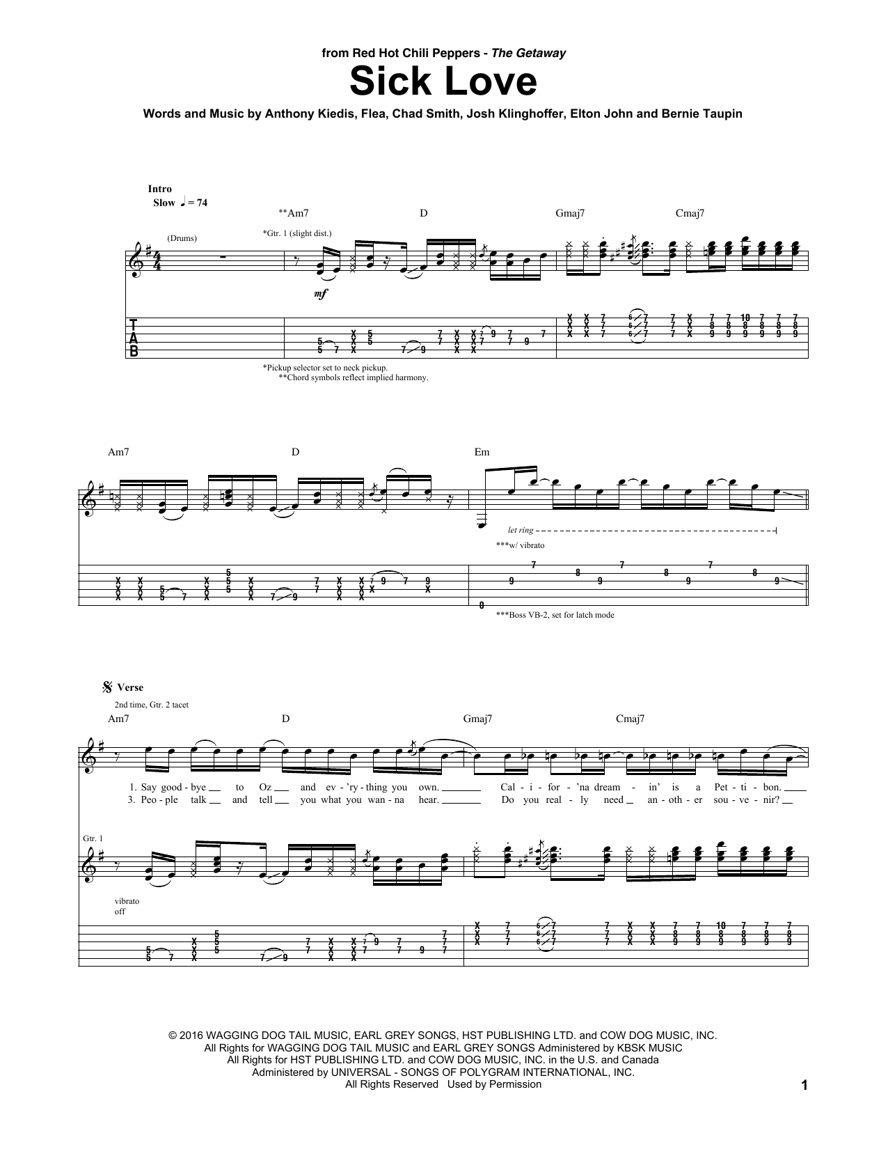 Red Hot Chili Peppers Sick Love sheet music notes and chords arranged for Guitar Tab