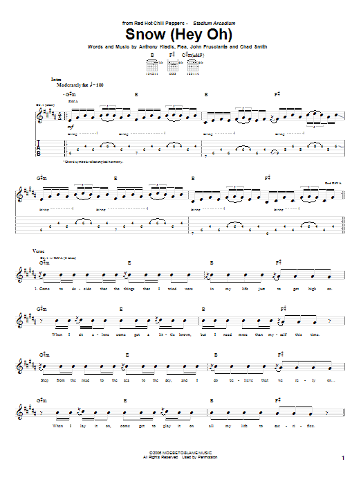 Red Hot Chili Peppers Snow (Hey Oh) sheet music notes and chords arranged for Guitar Tab (Single Guitar)