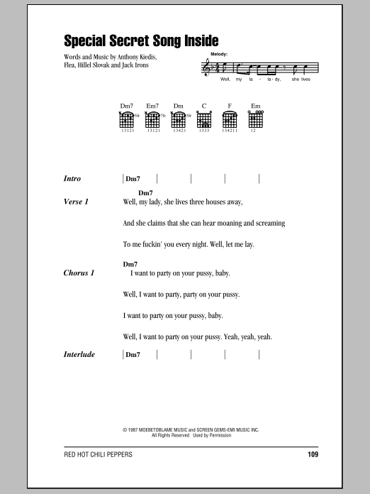 Red Hot Chili Peppers Special Secret Song Inside sheet music notes and chords arranged for Guitar Chords/Lyrics