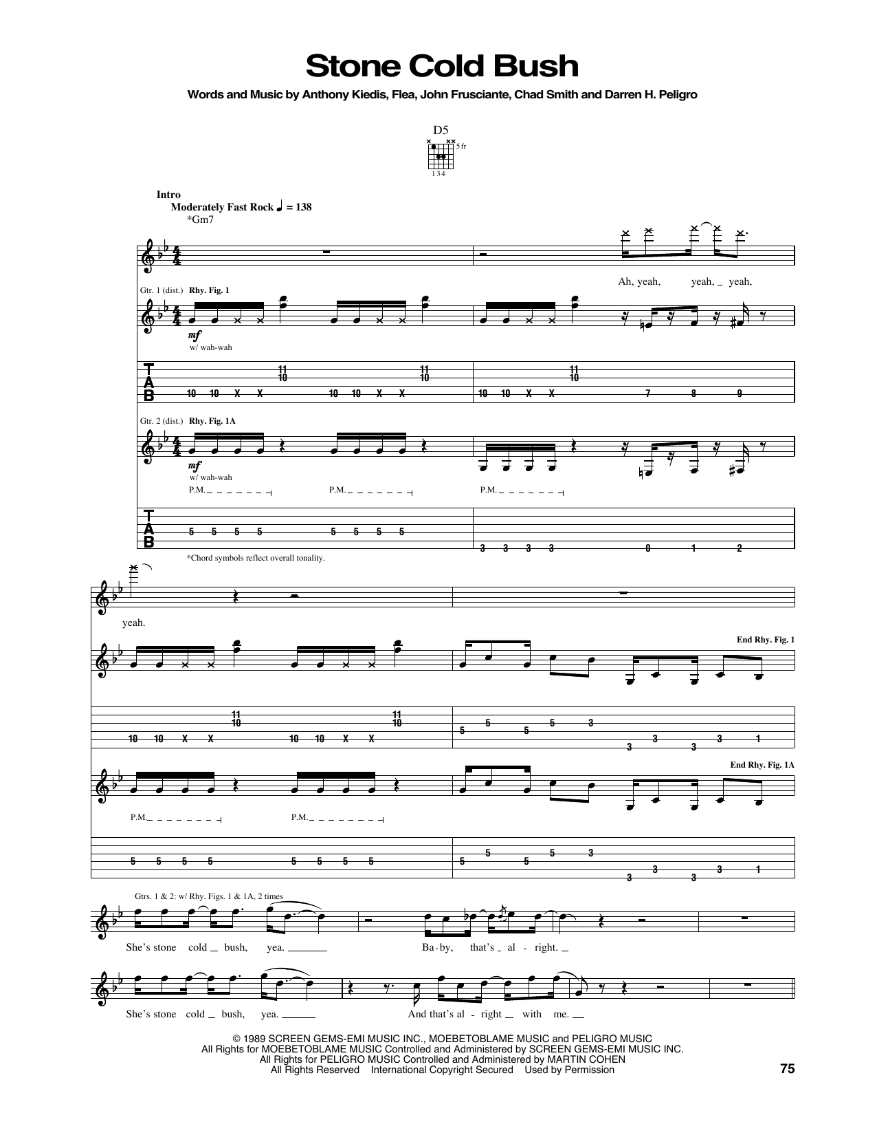 Red Hot Chili Peppers Stone Cold Bush sheet music notes and chords arranged for Guitar Tab
