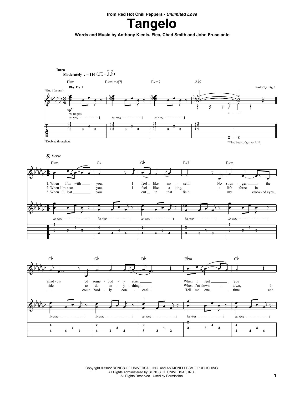 Red Hot Chili Peppers Tangelo sheet music notes and chords arranged for Guitar Tab