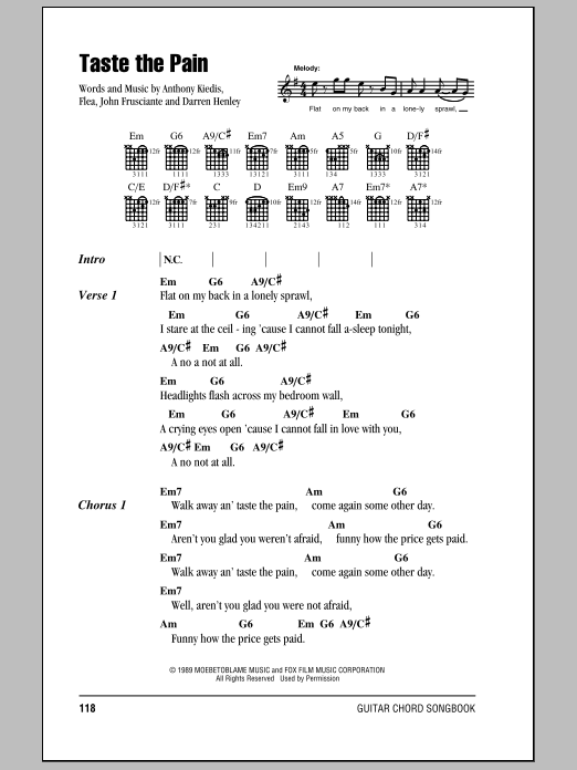 Red Hot Chili Peppers Taste The Pain sheet music notes and chords arranged for Guitar Chords/Lyrics