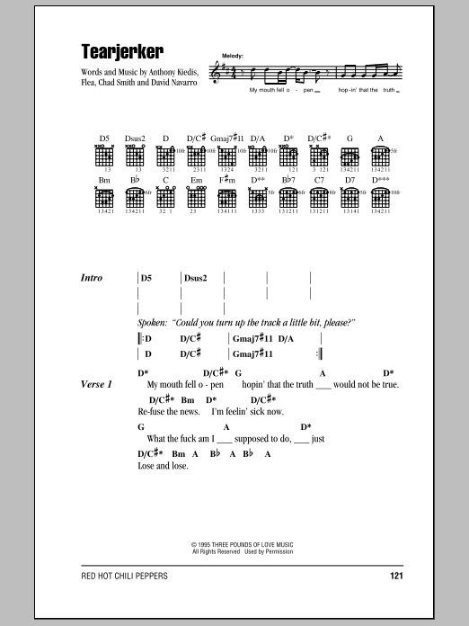 Red Hot Chili Peppers Tearjerker sheet music notes and chords arranged for Bass Guitar Tab