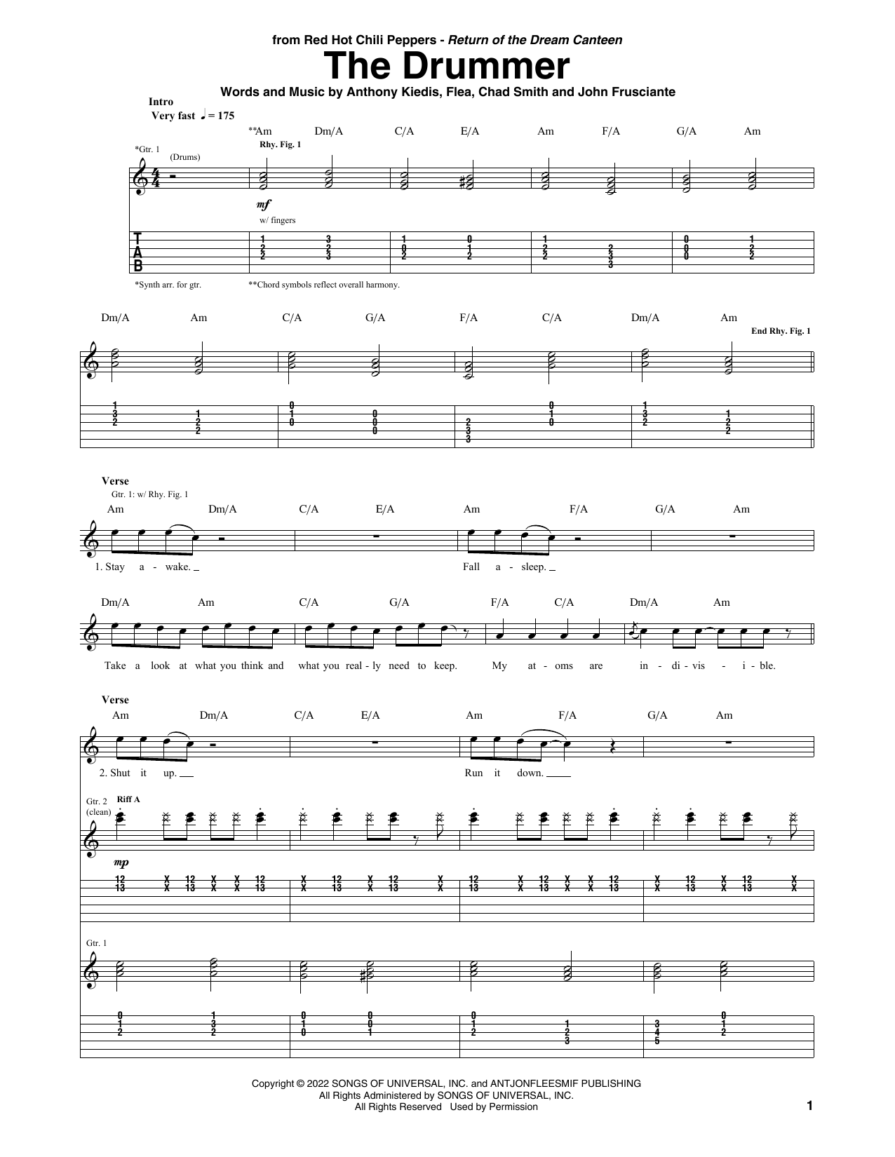 Red Hot Chili Peppers The Drummer sheet music notes and chords arranged for Guitar Tab