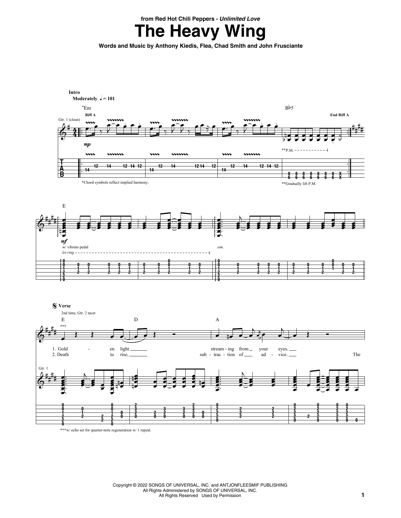 Red Hot Chili Peppers The Heavy Wing sheet music notes and chords arranged for Guitar Tab