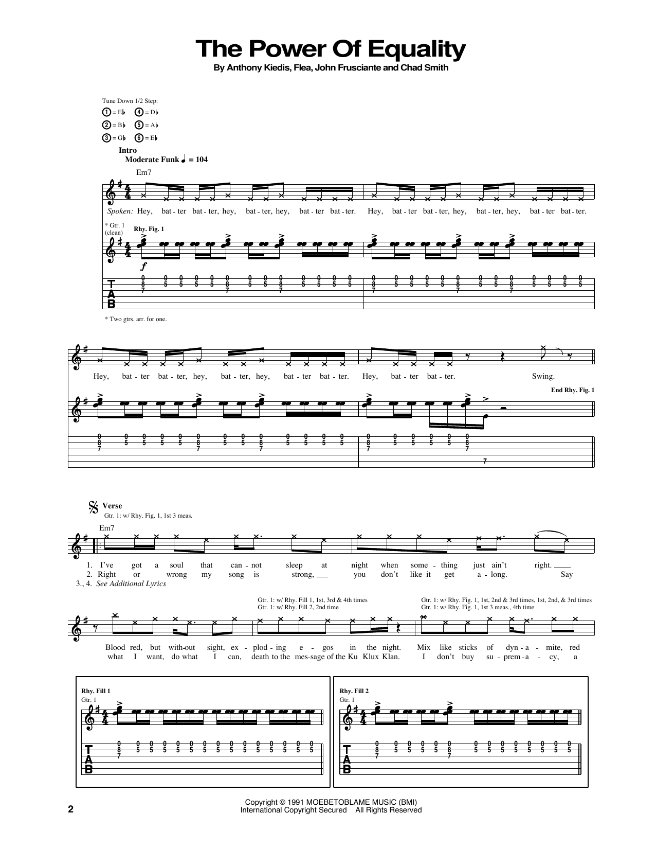 Red Hot Chili Peppers The Power Of Equality sheet music notes and chords arranged for Guitar Tab