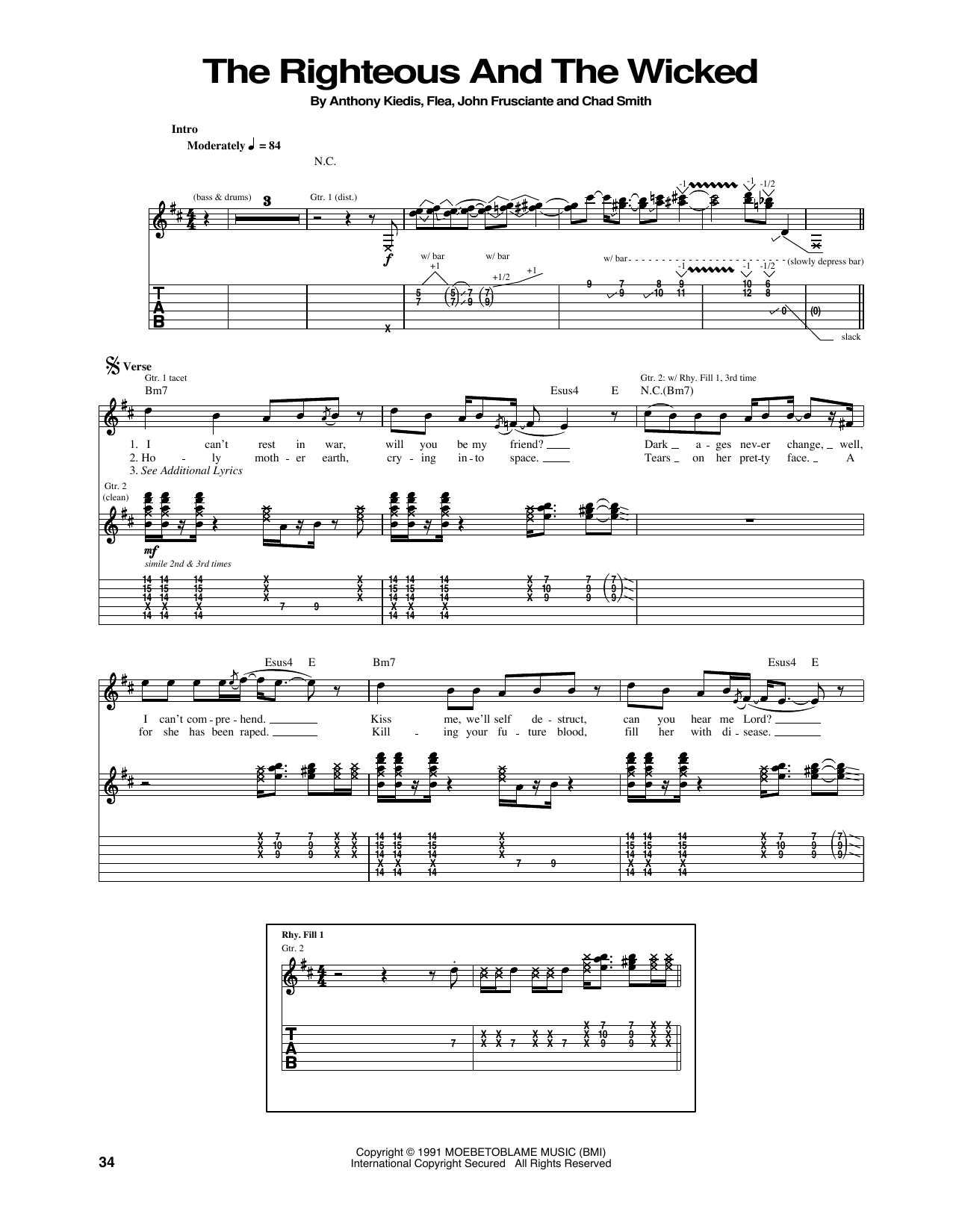 Red Hot Chili Peppers The Righteous And The Wicked sheet music notes and chords arranged for Guitar Tab