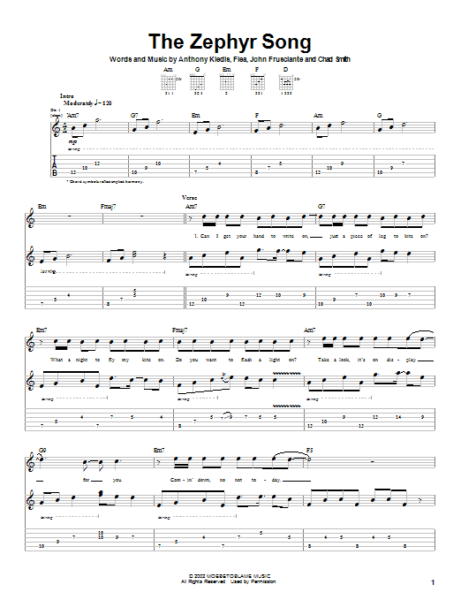 Red Hot Chili Peppers The Zephyr Song sheet music notes and chords arranged for Guitar Tab (Single Guitar)