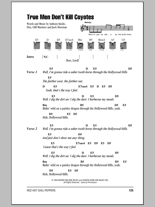 Red Hot Chili Peppers True Men Don't Kill Coyotes sheet music notes and chords arranged for Guitar Chords/Lyrics