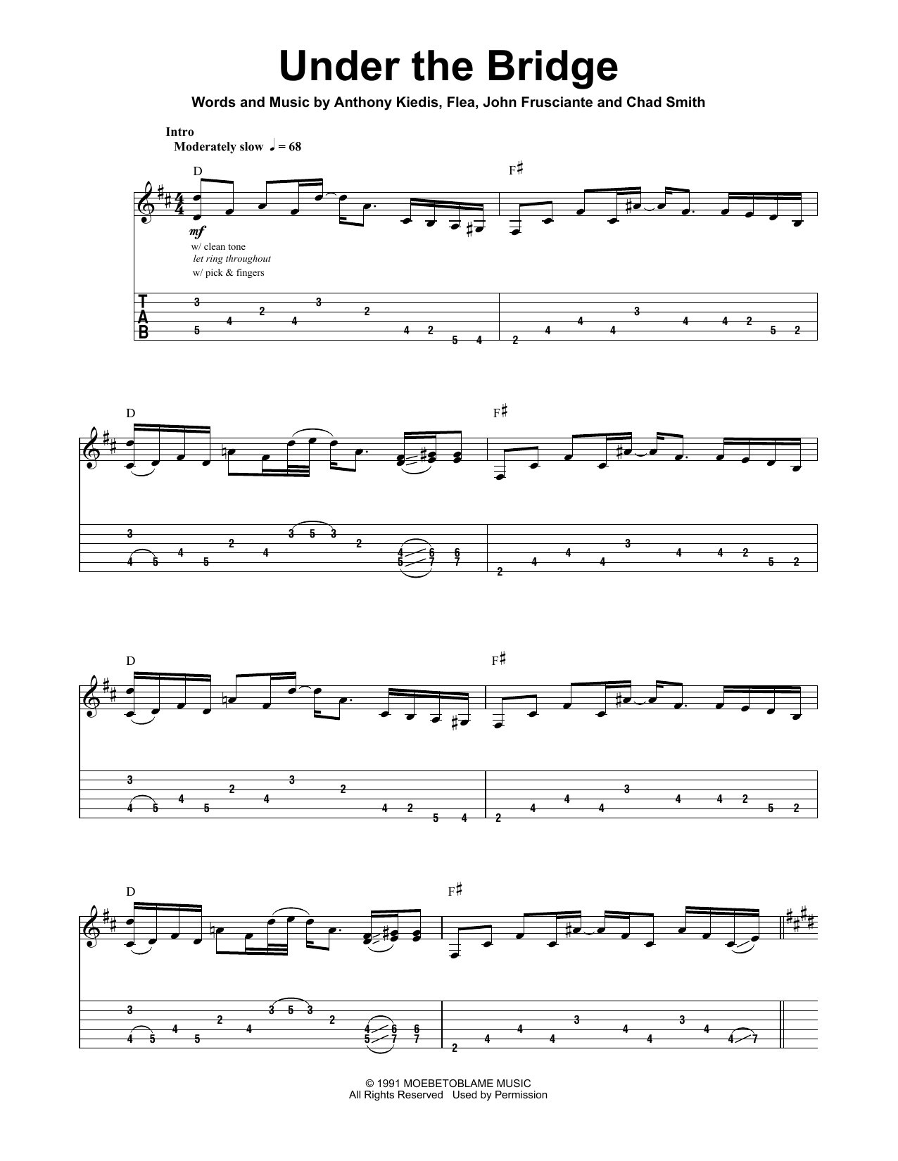Red Hot Chili Peppers Under The Bridge sheet music notes and chords arranged for Really Easy Guitar