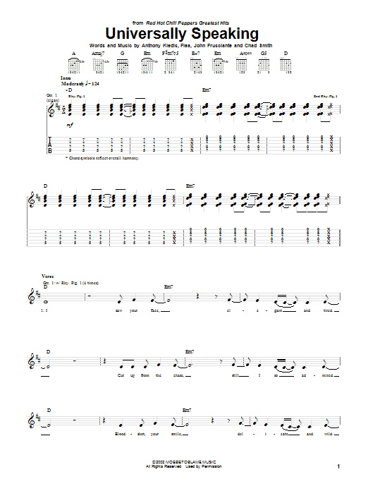 Red Hot Chili Peppers Universally Speaking sheet music notes and chords arranged for Bass Guitar Tab