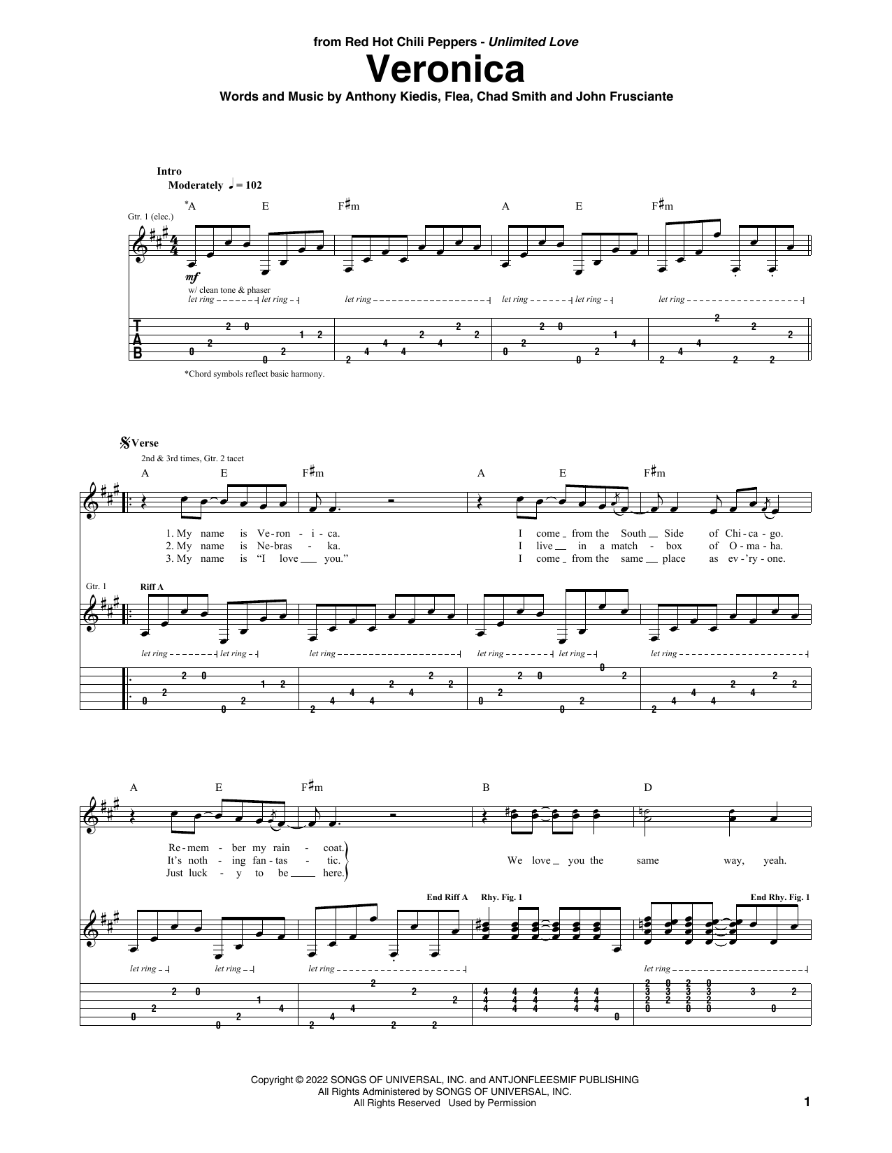 Red Hot Chili Peppers Veronica sheet music notes and chords arranged for Bass Guitar Tab