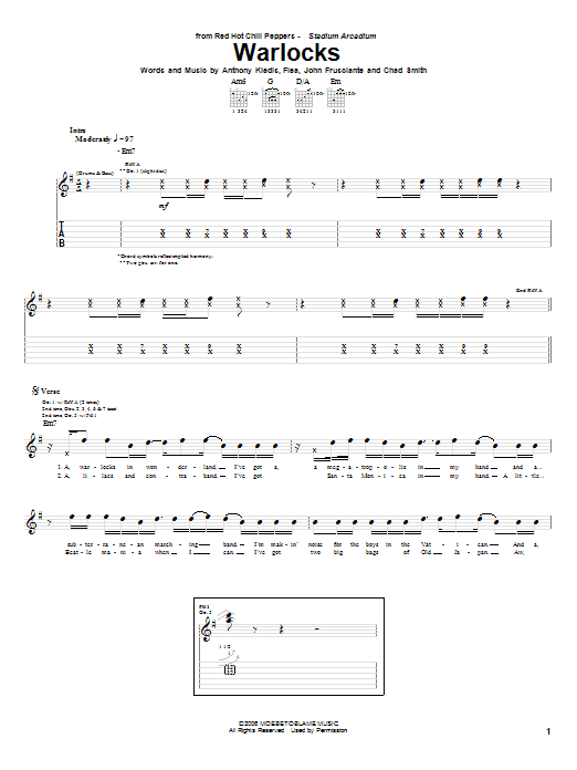 Red Hot Chili Peppers Warlocks sheet music notes and chords arranged for Bass Guitar Tab