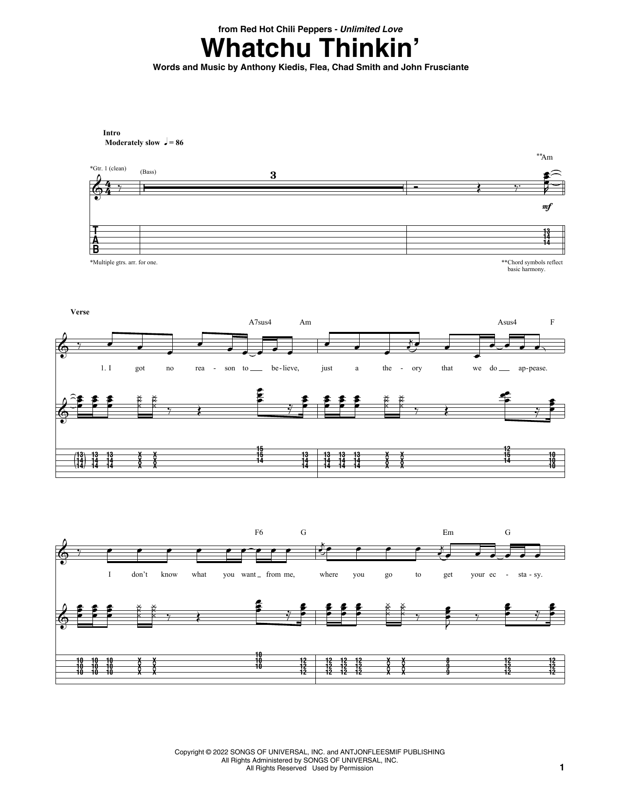 Red Hot Chili Peppers Whatchu Thinkin' sheet music notes and chords arranged for Guitar Tab