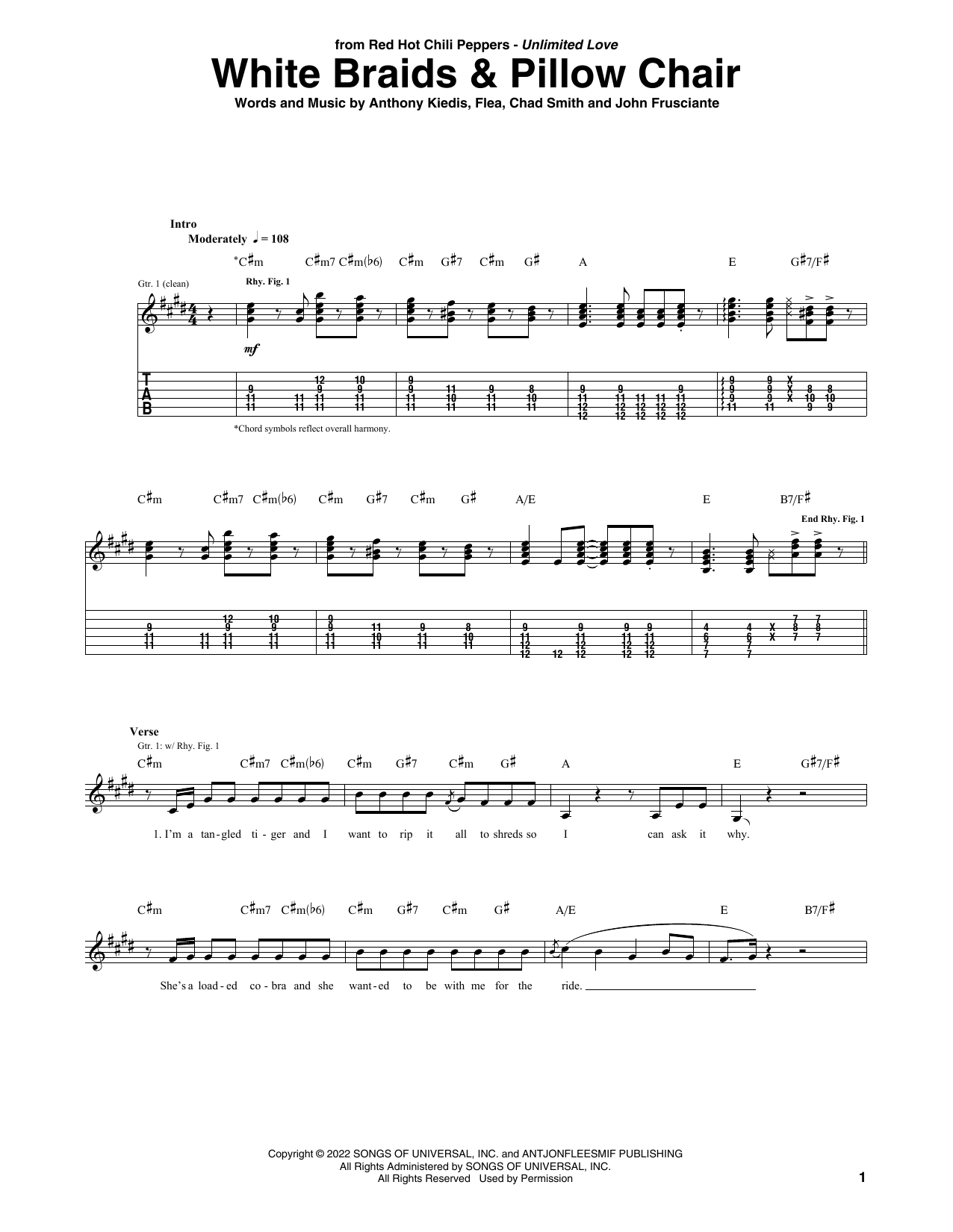 Red Hot Chili Peppers White Braids & Pillow Chair sheet music notes and chords arranged for Guitar Tab
