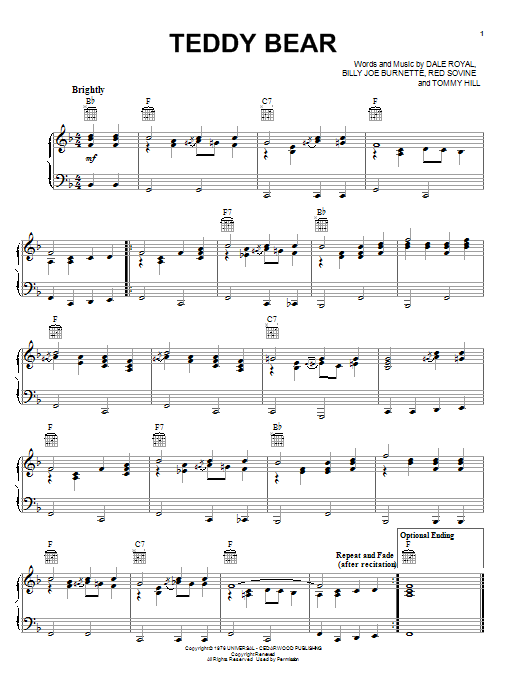 Red Sovine Teddy Bear sheet music notes and chords arranged for Piano, Vocal & Guitar Chords (Right-Hand Melody)