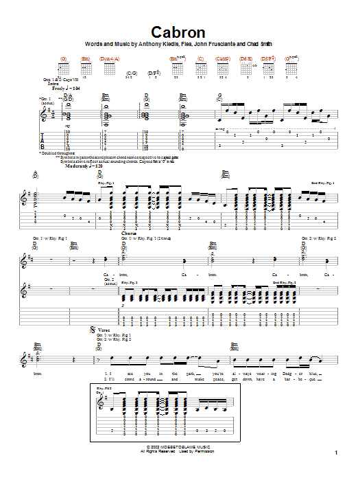 Red Hot Chili Peppers Cabron sheet music notes and chords. Download Printable PDF.