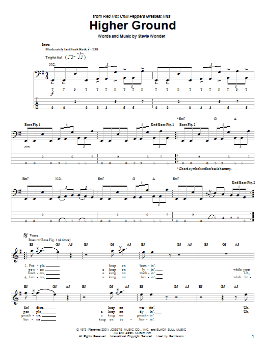 Red Hot Chili Peppers Higher Ground sheet music notes and chords. Download Printable PDF.