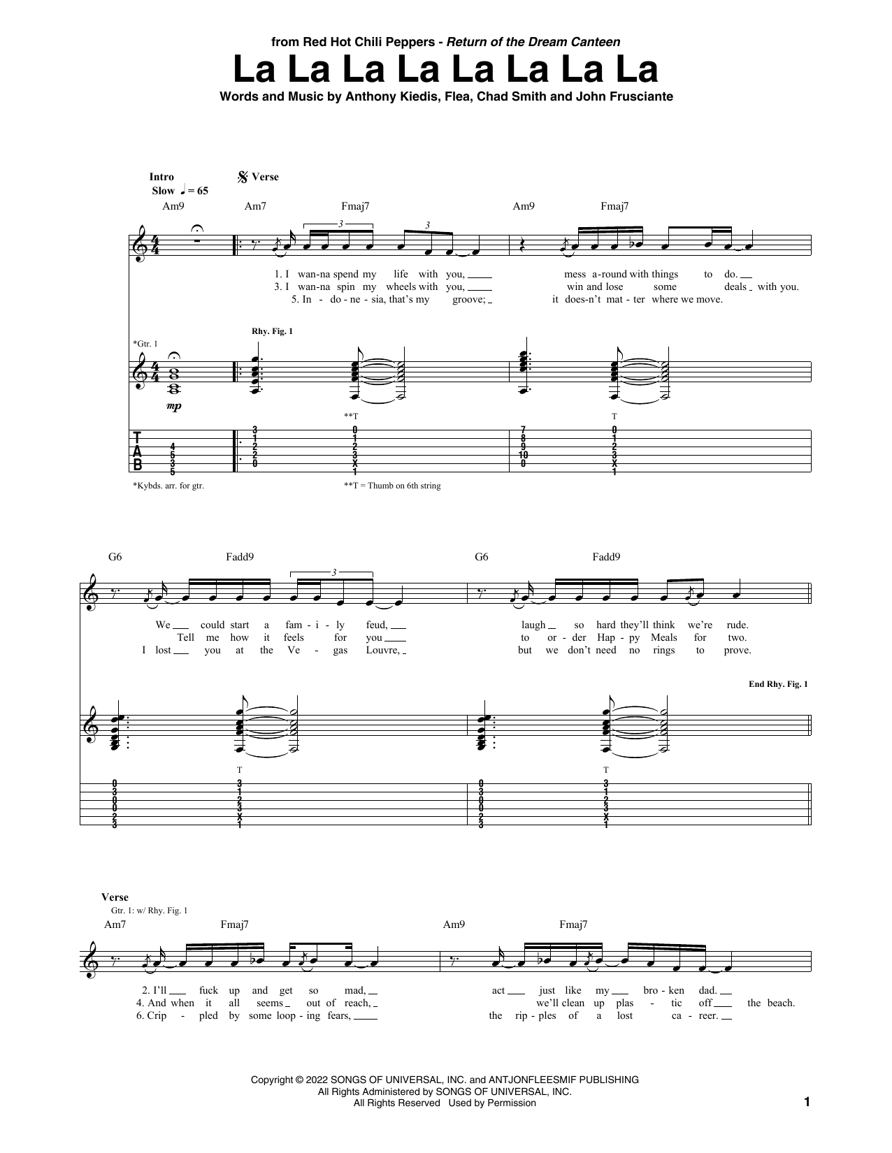 Red Hot Chili Peppers La La La La La La La La sheet music notes and chords arranged for Guitar Tab