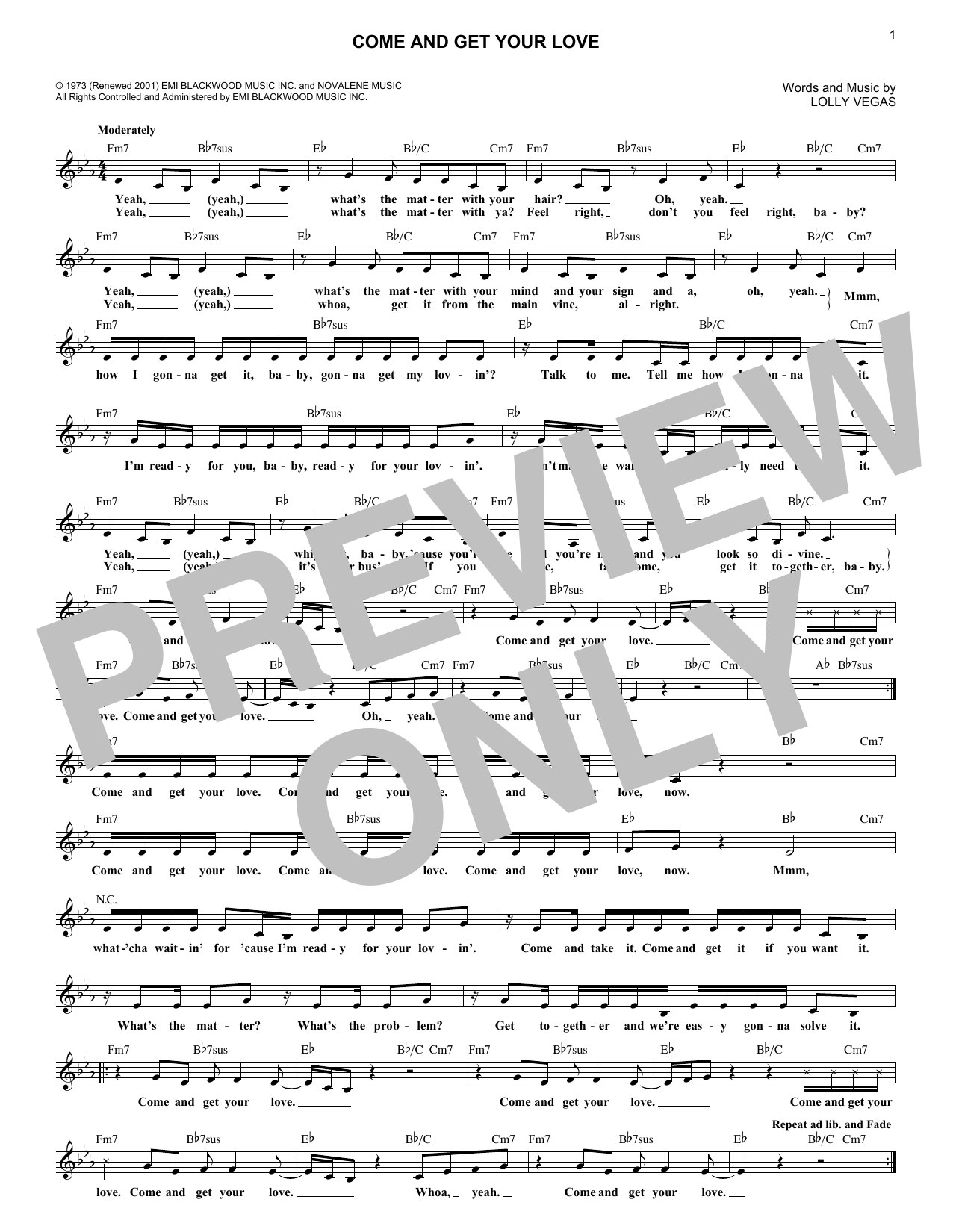 Redbone Come And Get Your Love sheet music notes and chords arranged for Lead Sheet / Fake Book