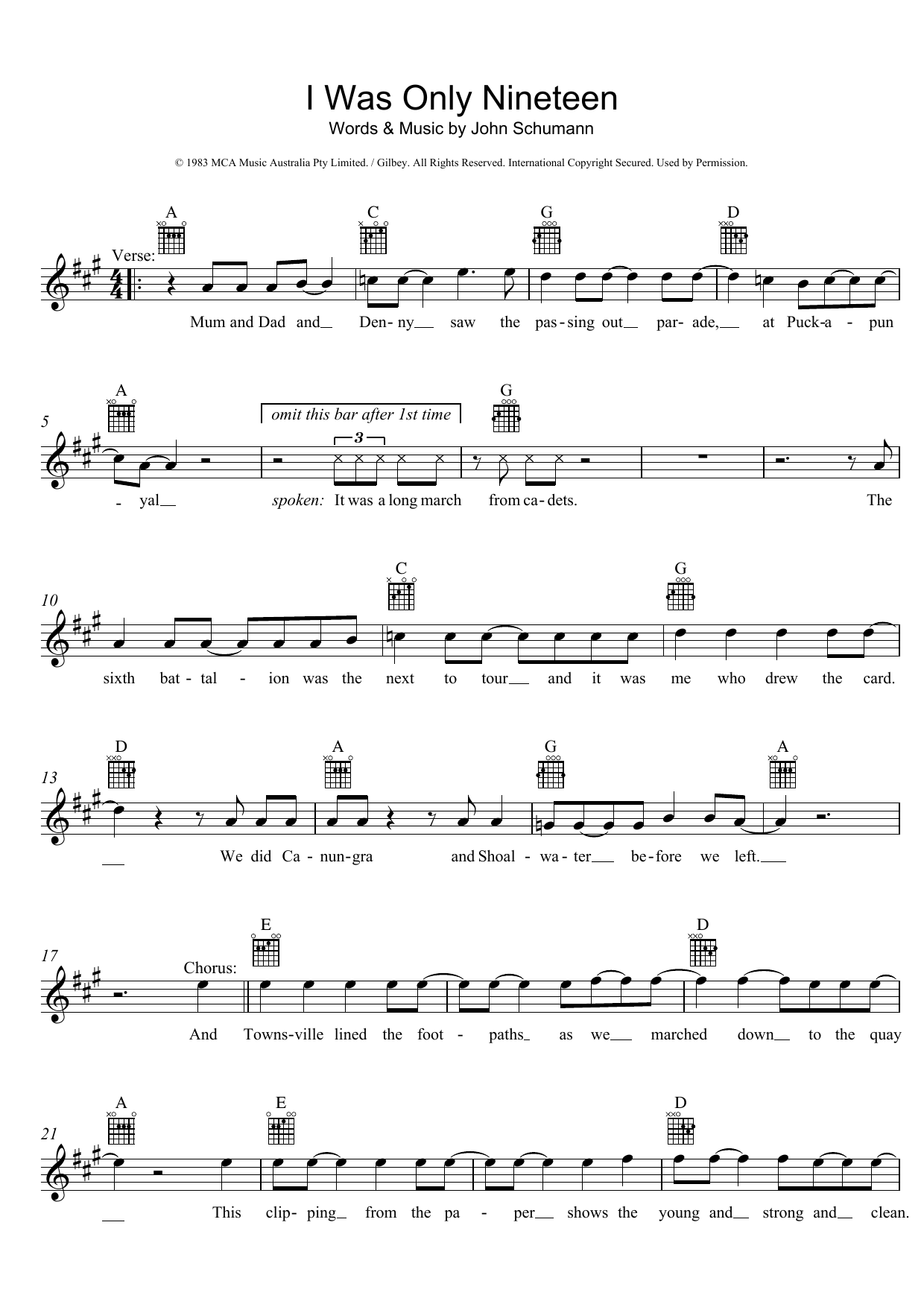 Redgum I Was Only Nineteen sheet music notes and chords arranged for Lead Sheet / Fake Book