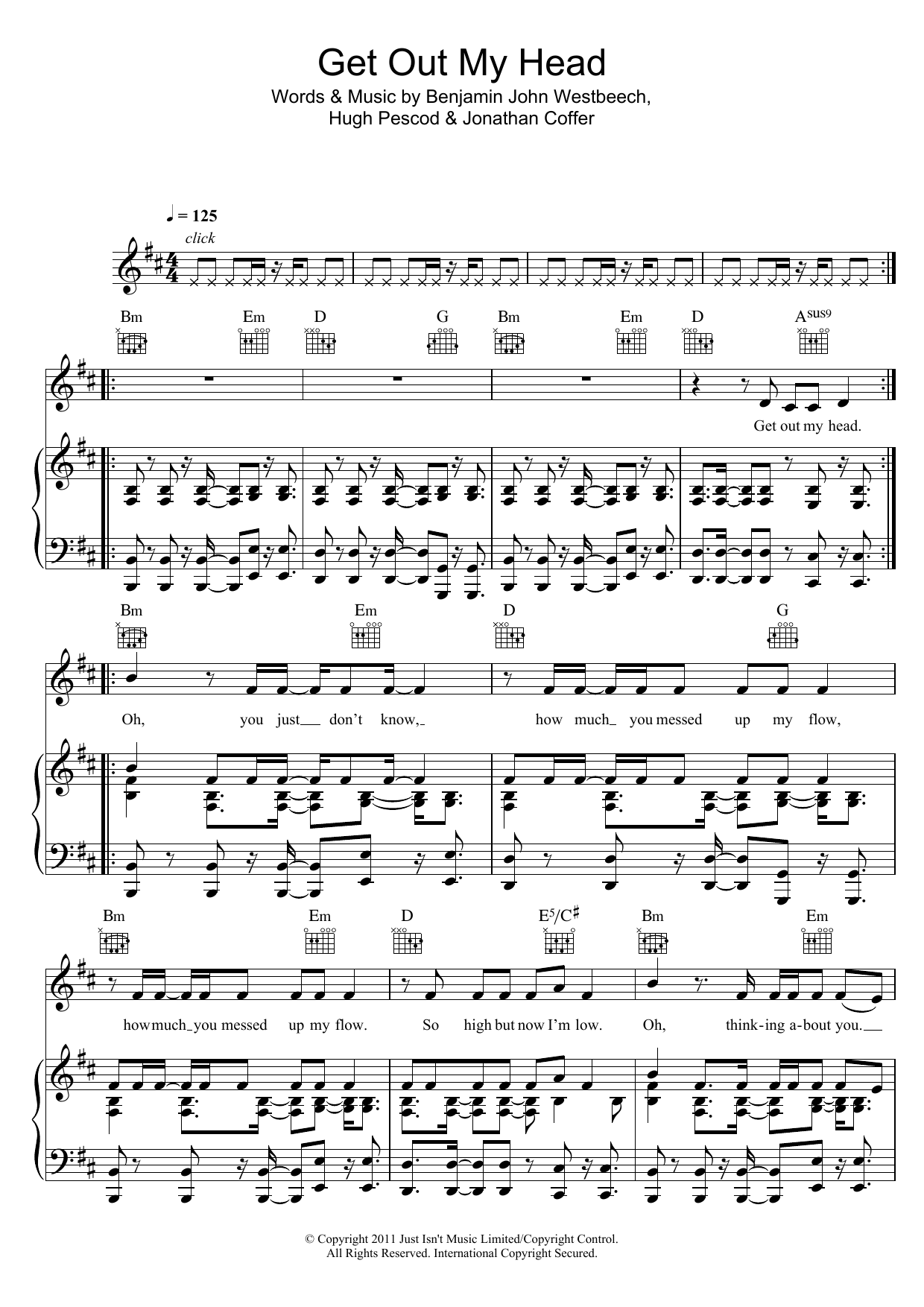 Redlight Get Out My Head sheet music notes and chords arranged for Piano, Vocal & Guitar Chords