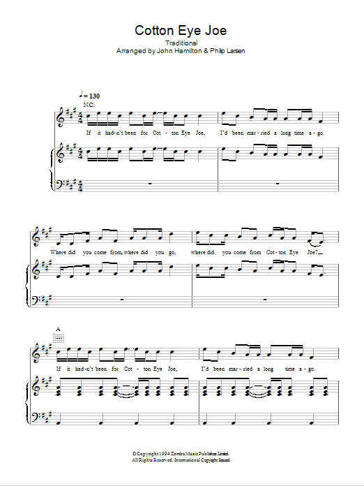 Rednex Cotton-Eye Joe sheet music notes and chords arranged for Piano, Vocal & Guitar Chords