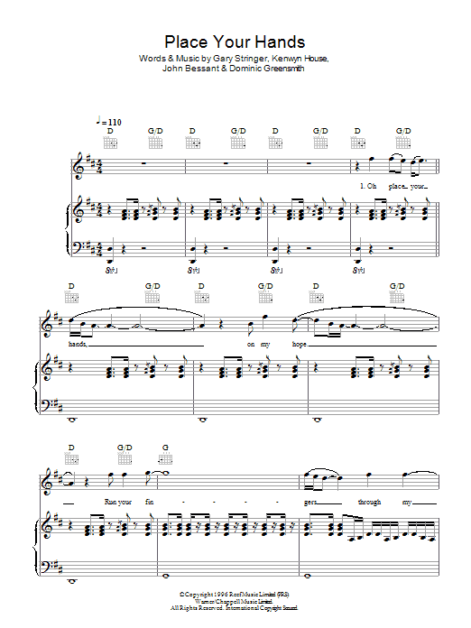 Reef Place Your Hands sheet music notes and chords arranged for Piano, Vocal & Guitar Chords