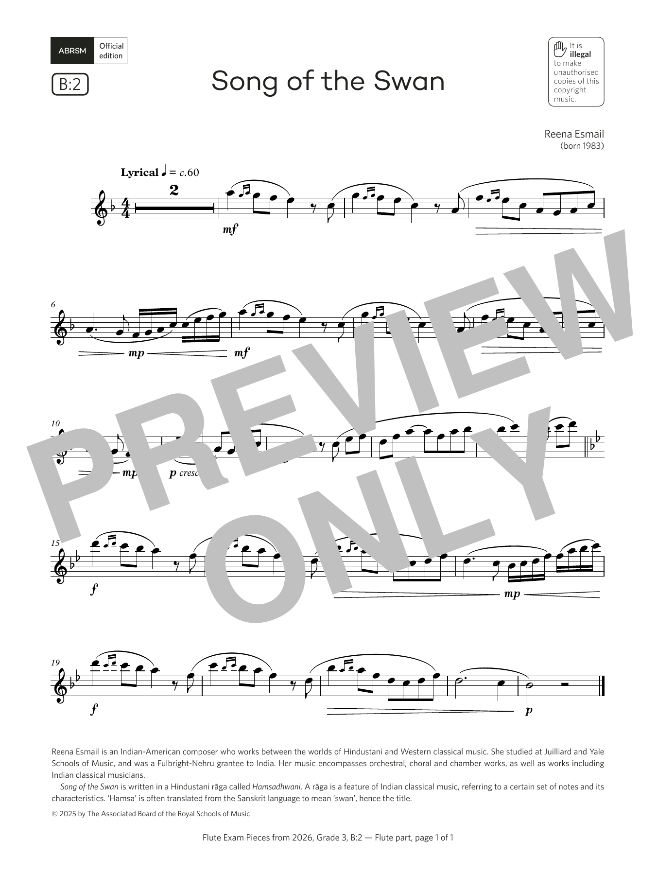 Reena Esmail Song of the Swan (Grade 3, list B2, from the ABRSM Flute Syllabus from 2026) sheet music notes and chords arranged for Flute Solo