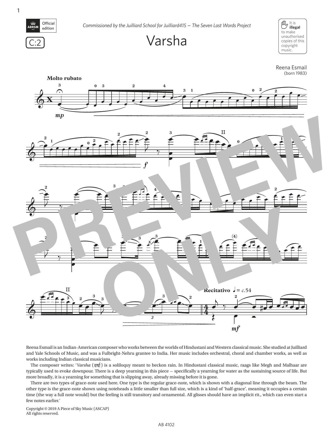 Reena Esmail Varsha (Grade 8, C2, from the ABRSM Violin Syllabus from 2024) sheet music notes and chords arranged for Violin Solo