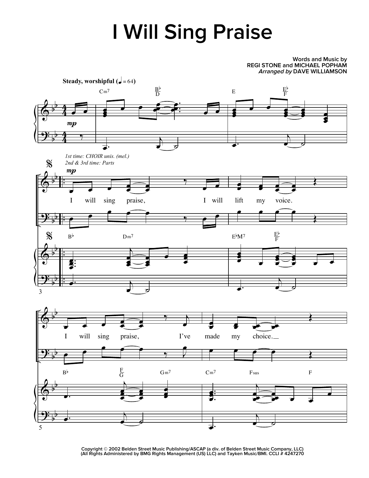 Regi Stone I Will Sing Praise sheet music notes and chords arranged for SATB Choir