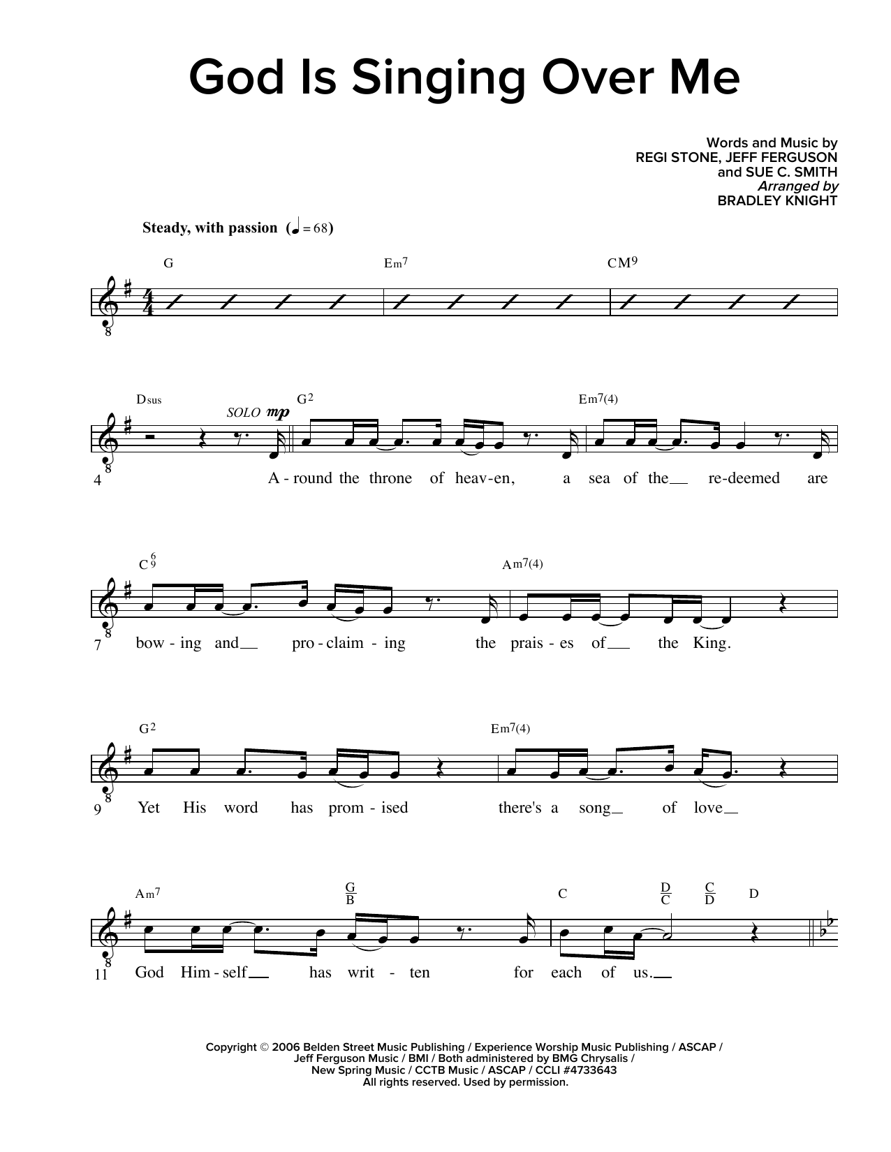 Regi Stone, Jeff Ferguson and Sue C. Smith God Is Singing Over Me (arr. Bradley Knight) sheet music notes and chords arranged for Lead Sheet / Fake Book