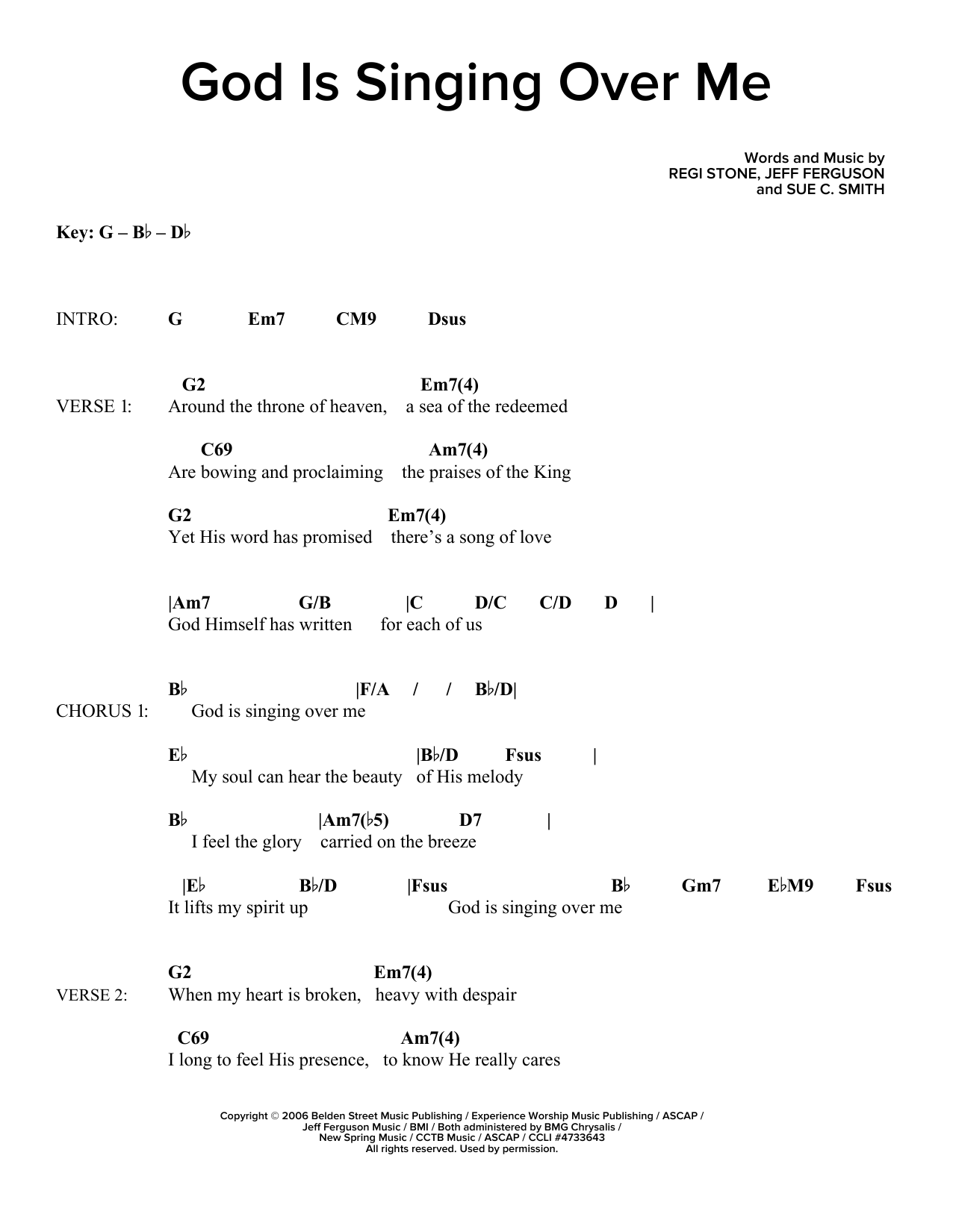 Regi Stone, Jeff Ferguson and Sue C. Smith God Is Singing Over Me sheet music notes and chords arranged for Guitar Chords/Lyrics