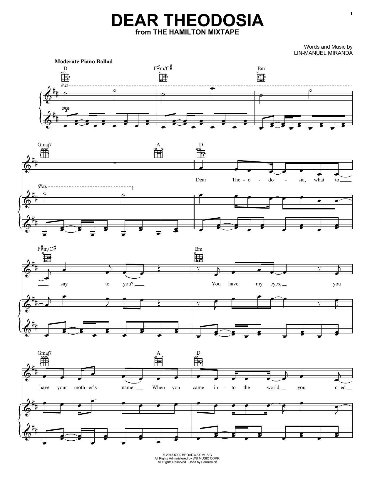 Regina Spektor, Ben Folds Dear Theodosia sheet music notes and chords arranged for Piano, Vocal & Guitar Chords (Right-Hand Melody)