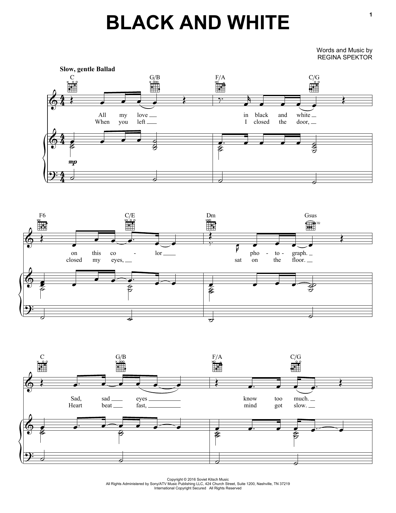 Regina Spektor Black And White sheet music notes and chords arranged for Piano, Vocal & Guitar Chords (Right-Hand Melody)