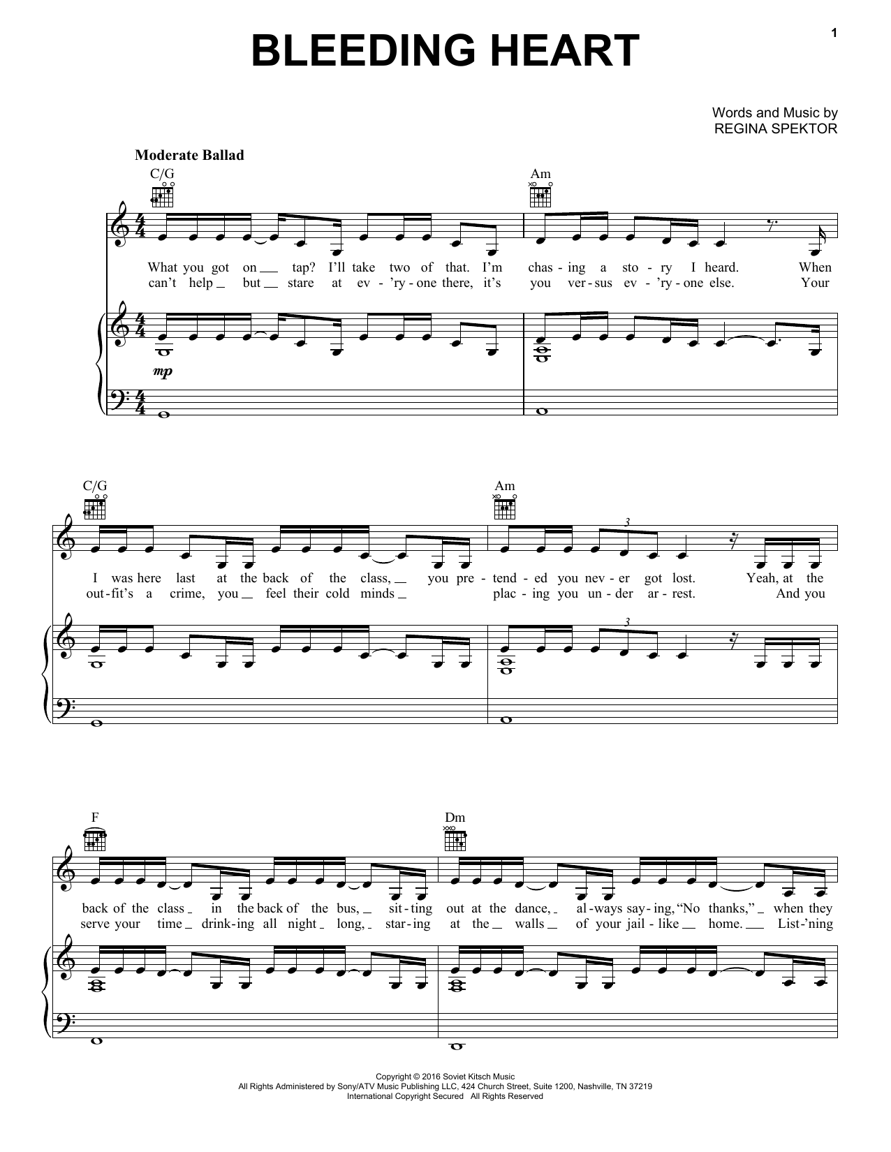 Regina Spektor Bleeding Heart sheet music notes and chords arranged for Piano, Vocal & Guitar Chords (Right-Hand Melody)