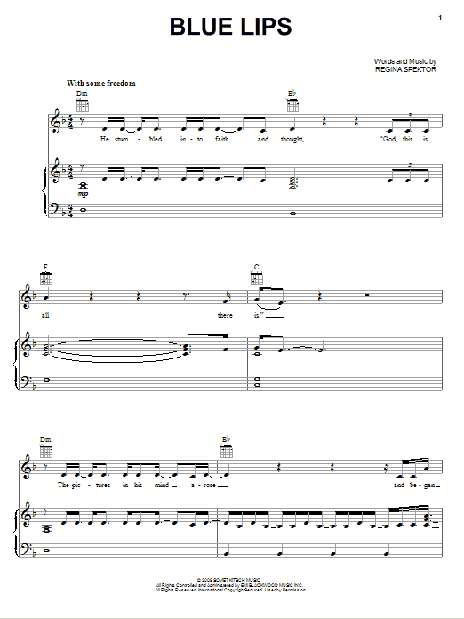 Regina Spektor Blue Lips sheet music notes and chords arranged for Piano, Vocal & Guitar Chords (Right-Hand Melody)