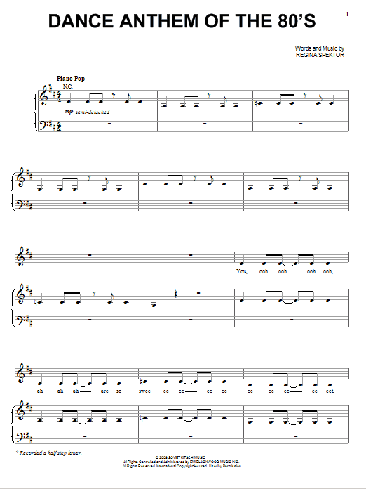 Regina Spektor Dance Anthem Of The 80's sheet music notes and chords arranged for Piano, Vocal & Guitar Chords (Right-Hand Melody)